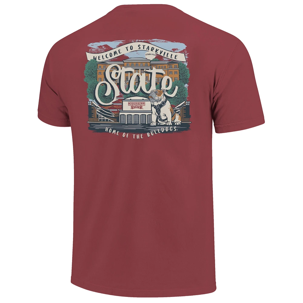 T-shirt confort pour femme avec inscription « Campus Scene Drawing Script » aux couleurs marron des Mississippi State Bulldogs