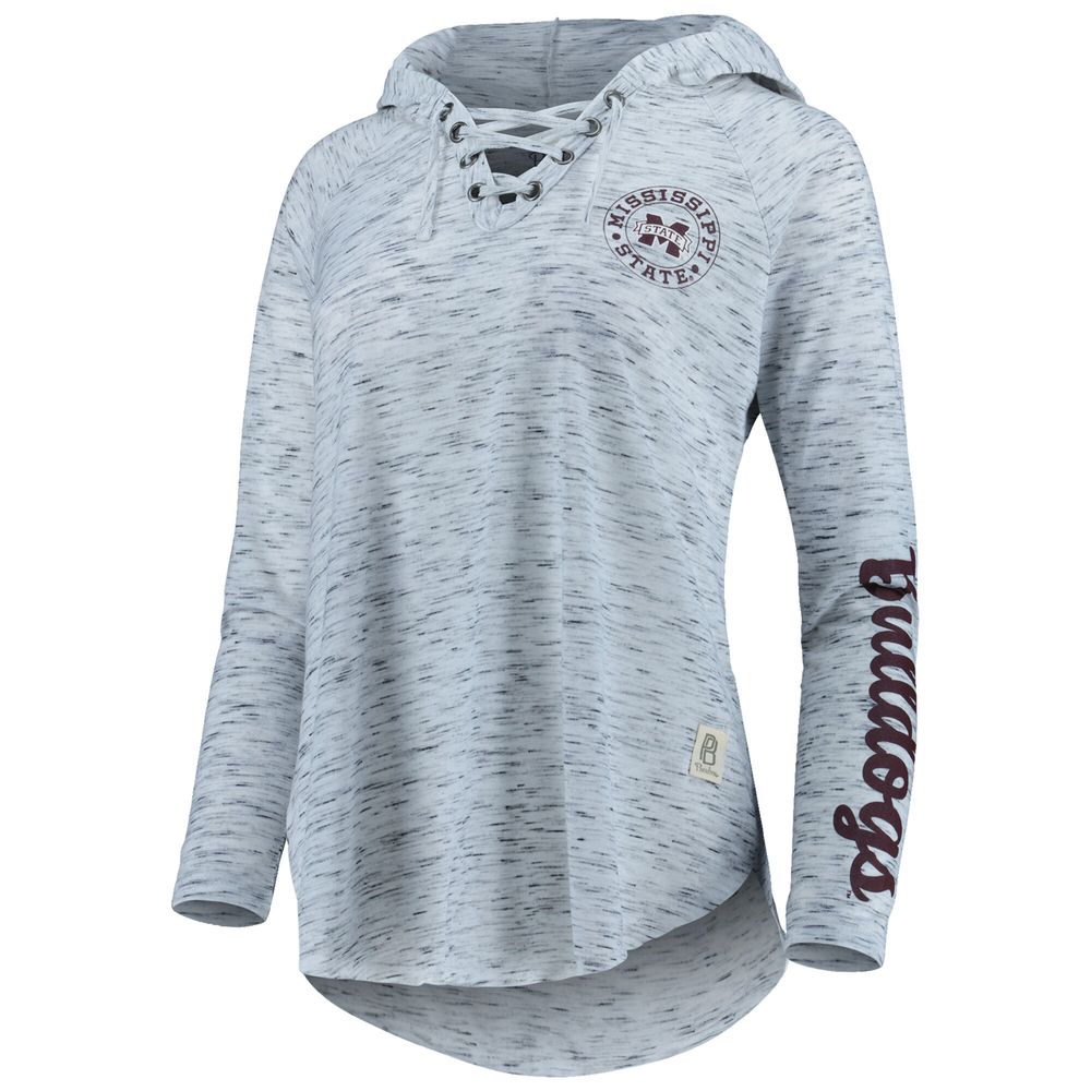 Women's Pressbox Gray Mississippi State Bulldogs Space Dye Lace-Up V-Neck Raglan Long Sleeve T-Shirt