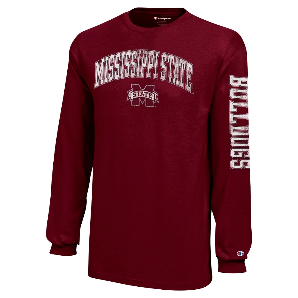 T-shirt à manches longues avec logo vieilli et arches des Bulldogs de l'État du Mississippi, champion jeunes, marron