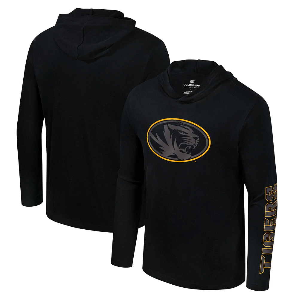 Men's Colosseum Black Missouri Tigers Color Pop Active Blend 2-Hit Long Sleeve Hooded T-Shirt