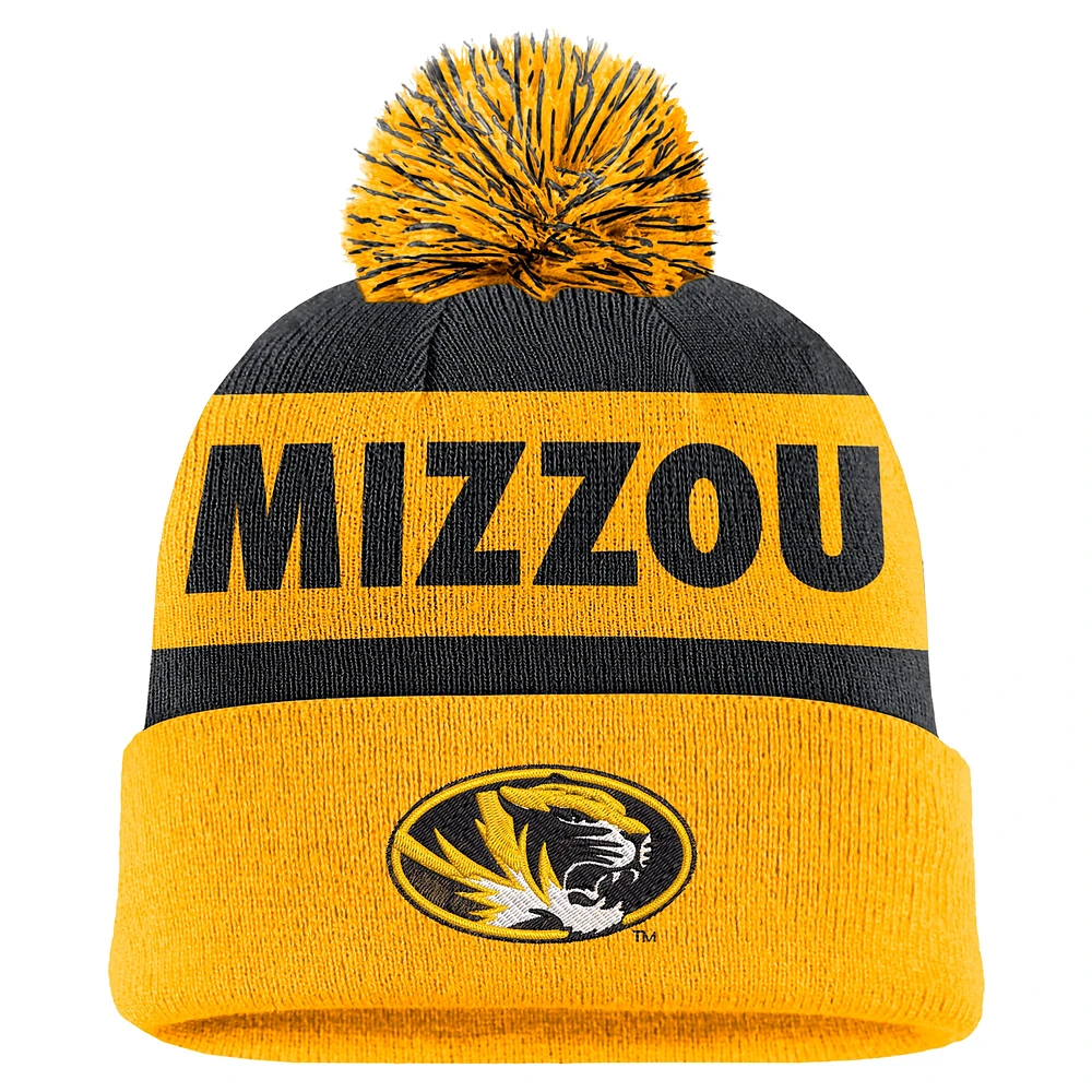 Bonnet en tricot à revers et pompon Nike bleu marine/doré Missouri Tigers Peak Stripe pour homme