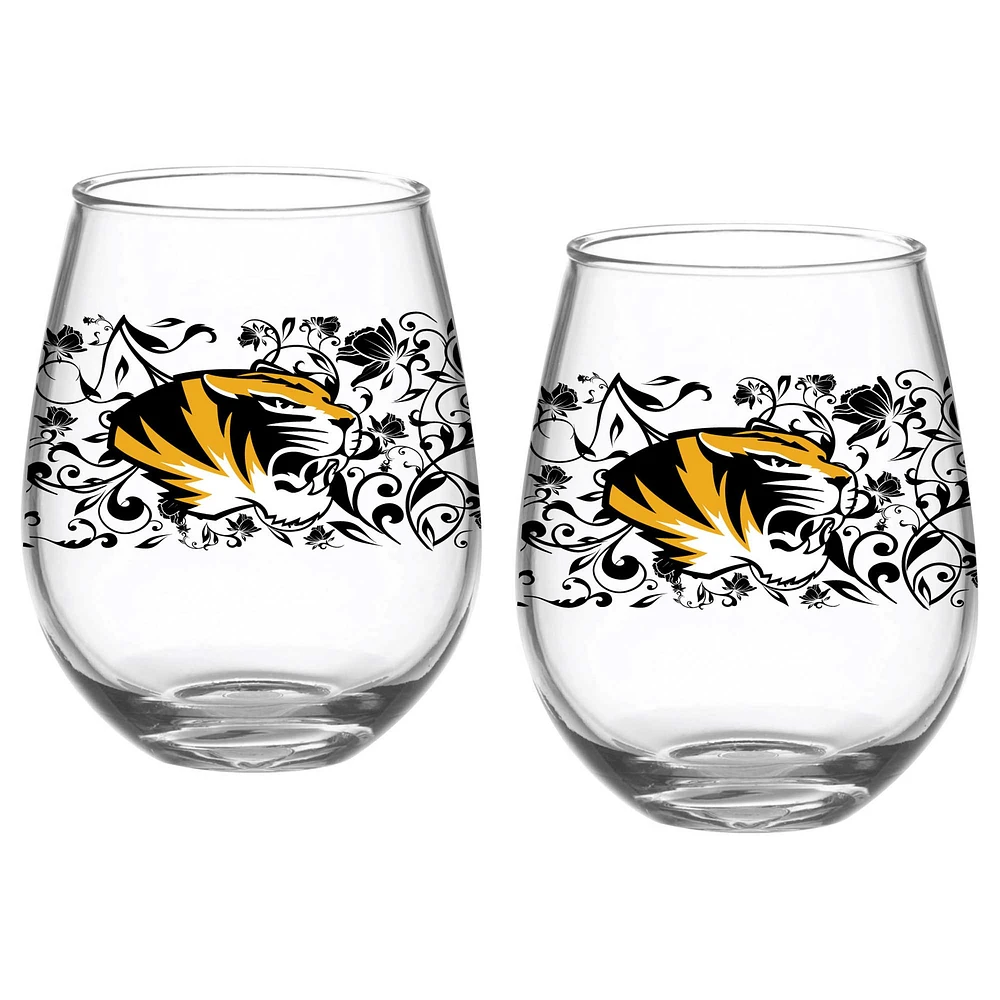 Ensemble de deux verres à pied sans pied à motif floral de 15 oz des Missouri Tigers