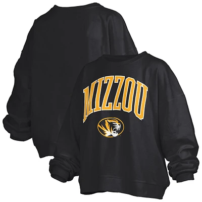 Women's Pressbox Black Missouri Tigers Janise Arch Over Logo Waist Length Oversized Pullover Sweatshirt