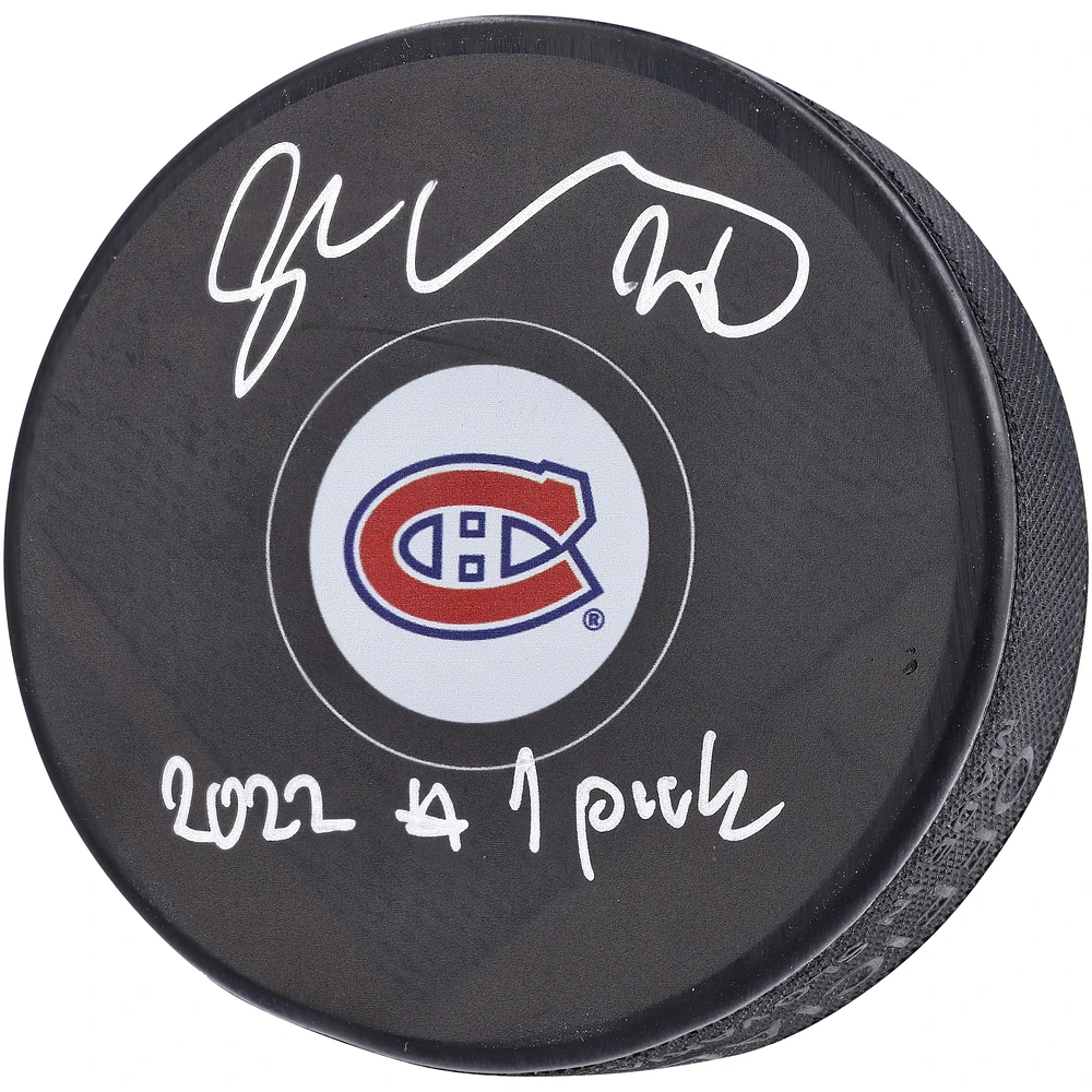 Rondelle de hockey autographiée par Juraj Slafkovsky des Canadiens de Montréal avec l'inscription « #1 Pick »