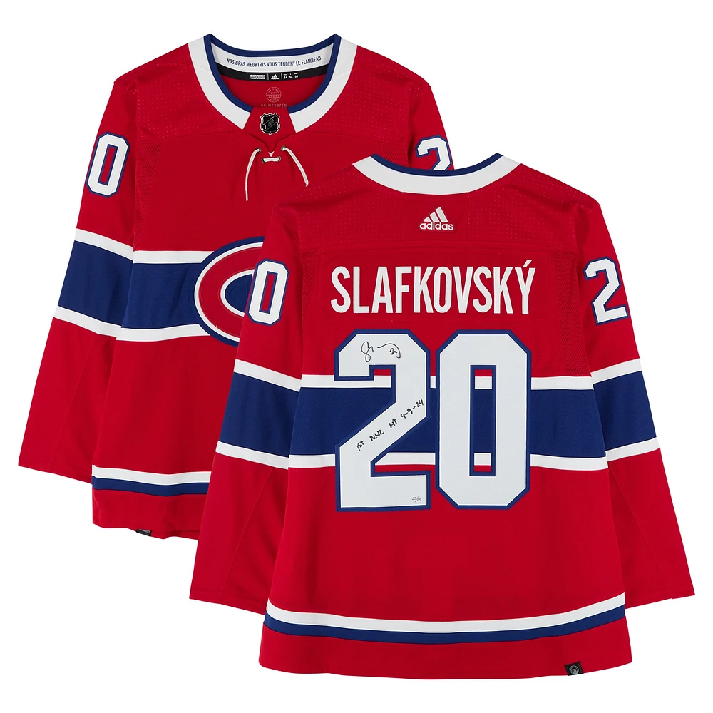 Maillot authentique adidas rouge autographié par Juraj Slafkovsky des Canadiens de Montréal avec inscription « 1st NHL HT 4-9-24 » - Édition limitée #25/25
