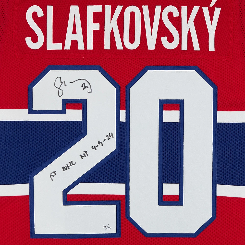 Maillot authentique adidas rouge autographié par Juraj Slafkovsky des Canadiens de Montréal avec inscription « 1st NHL HT 4-9-24 » - Édition limitée #25/25