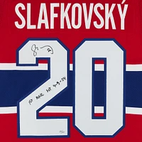 Maillot authentique adidas rouge autographié par Juraj Slafkovsky des Canadiens de Montréal avec inscription « 1st NHL HT 4-9-24 » - Édition limitée #25/25