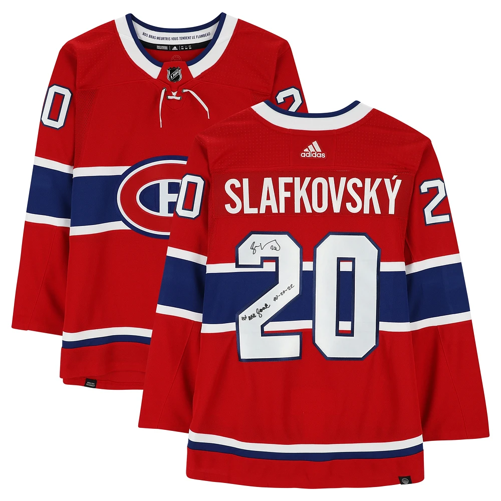 Maillot authentique adidas rouge autographié par Juraj Slafkovsky des Canadiens de Montréal avec l'inscription « 1st NHL Goal 10/20/22 »