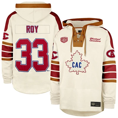 Men's '47 Patrick Roy Cream Montreal Canadiens Blue Line Heritage Name & Number Lace-Up Pullover Hoodie