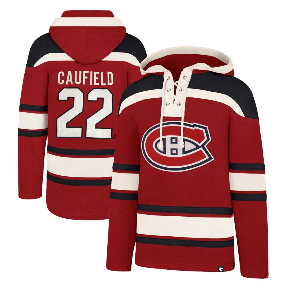 Men's '47 Cole Caufield Red Montreal Canadiens Lacer Player Name & Number - Lace-Up Pullover Hoodie