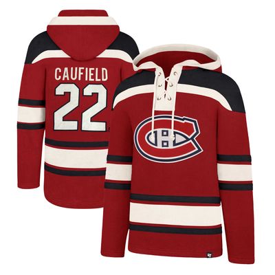 Men's '47 Cole Caufield Red Montreal Canadiens Lacer Player Name & Number - Lace-Up Pullover Hoodie