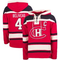 Men's '47 Jean Beliveau Red Montreal Canadiens Lacer Player Name & Number Pullover Hoodie