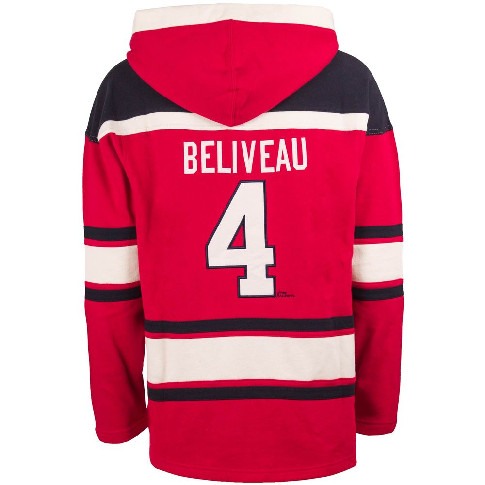 Men's '47 Jean Beliveau Red Montreal Canadiens Lacer Player Name & Number Pullover Hoodie