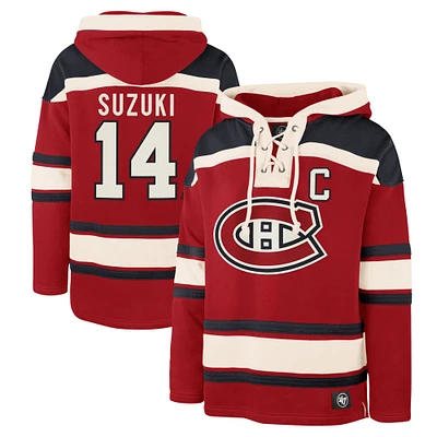 Men's '47 Nick Suzuki Red Montreal Canadiens Lacer Player Name & Number Pullover Hoodie