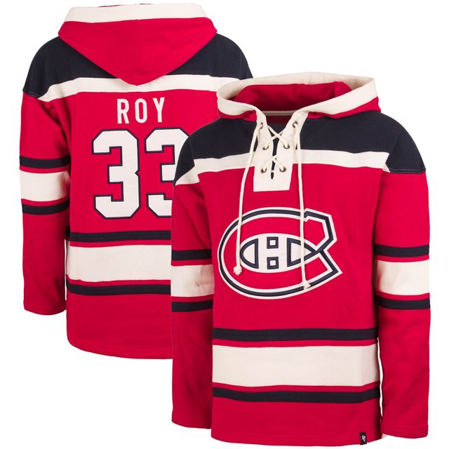 Chandail à capuchon avec numéro et nom du joueur Lacer des Canadiens de Montréal '47 Patrick Roy Rouge pour homme