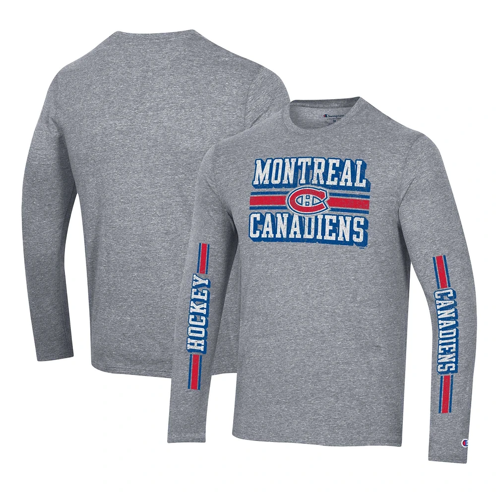 T-shirt à manches longues trois mélanges double bande Champion Heather Grey des Canadiens de Montréal pour hommes