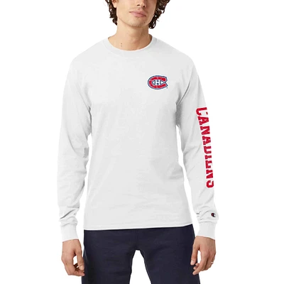 Men's Champion White Montreal Canadiens Distressed Long Sleeve Jersey T-Shirt