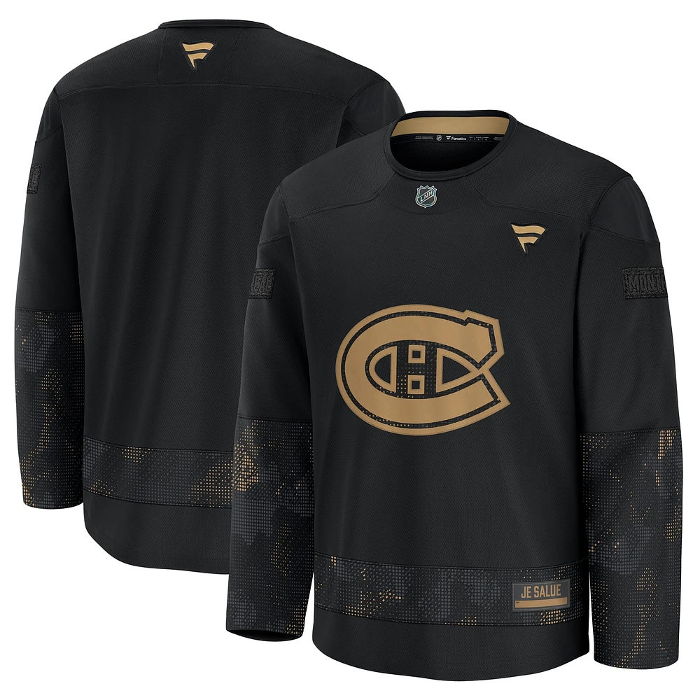 Maillot d'entraînement d'appréciation militaire des Canadiens de Montréal 2024 Fanatics pour hommes noir