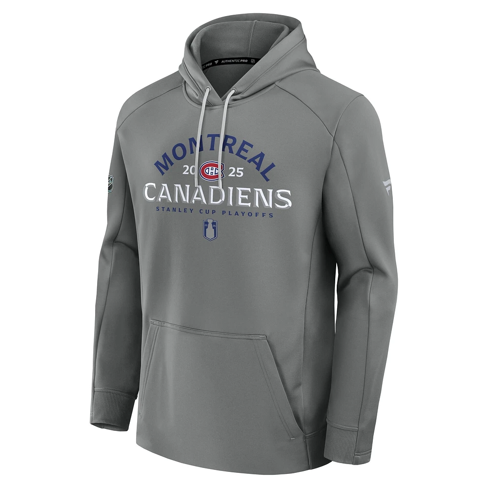Men's  Fanatics Gray Montreal Canadiens 2025 Stanley Cup Playoffs Authentic Pro Prime Pullover Hoodie