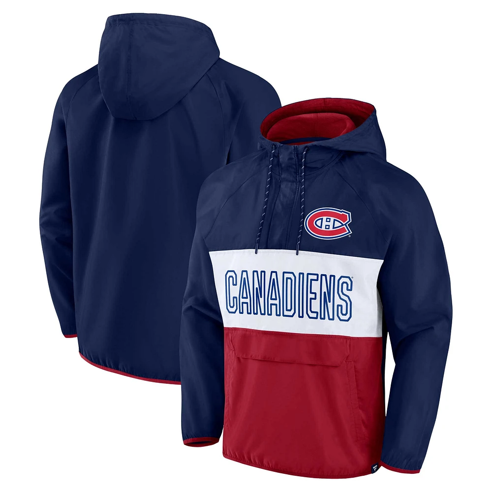 Fanatics pour hommes bleu marine Canadiens de Montréal Backhand Shooter Anorak Raglan Quarter-Zip - Veste à capuche