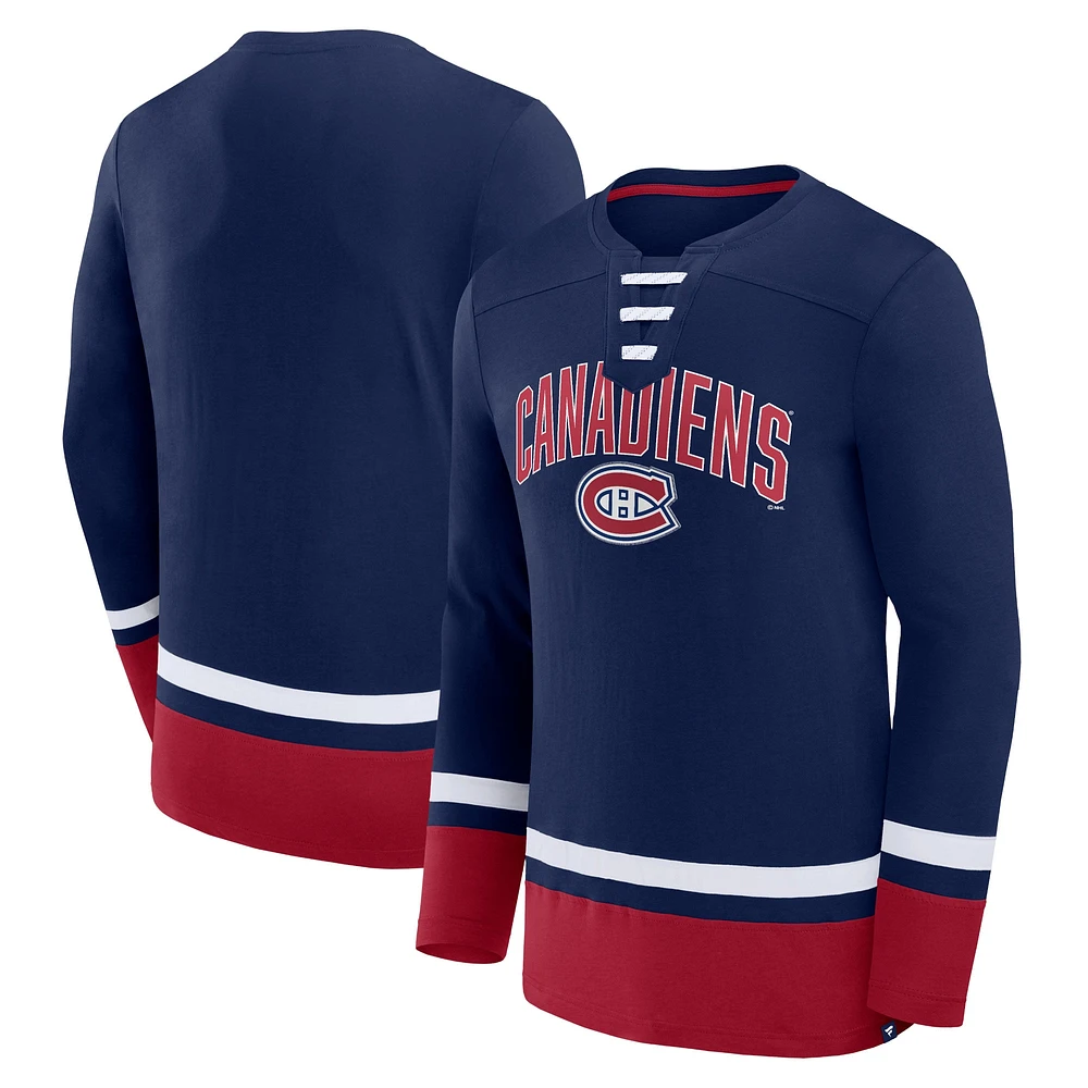 Men's Fanatics Navy Montreal Canadiens Fundamental Lace-Up Long Sleeve T-Shirt