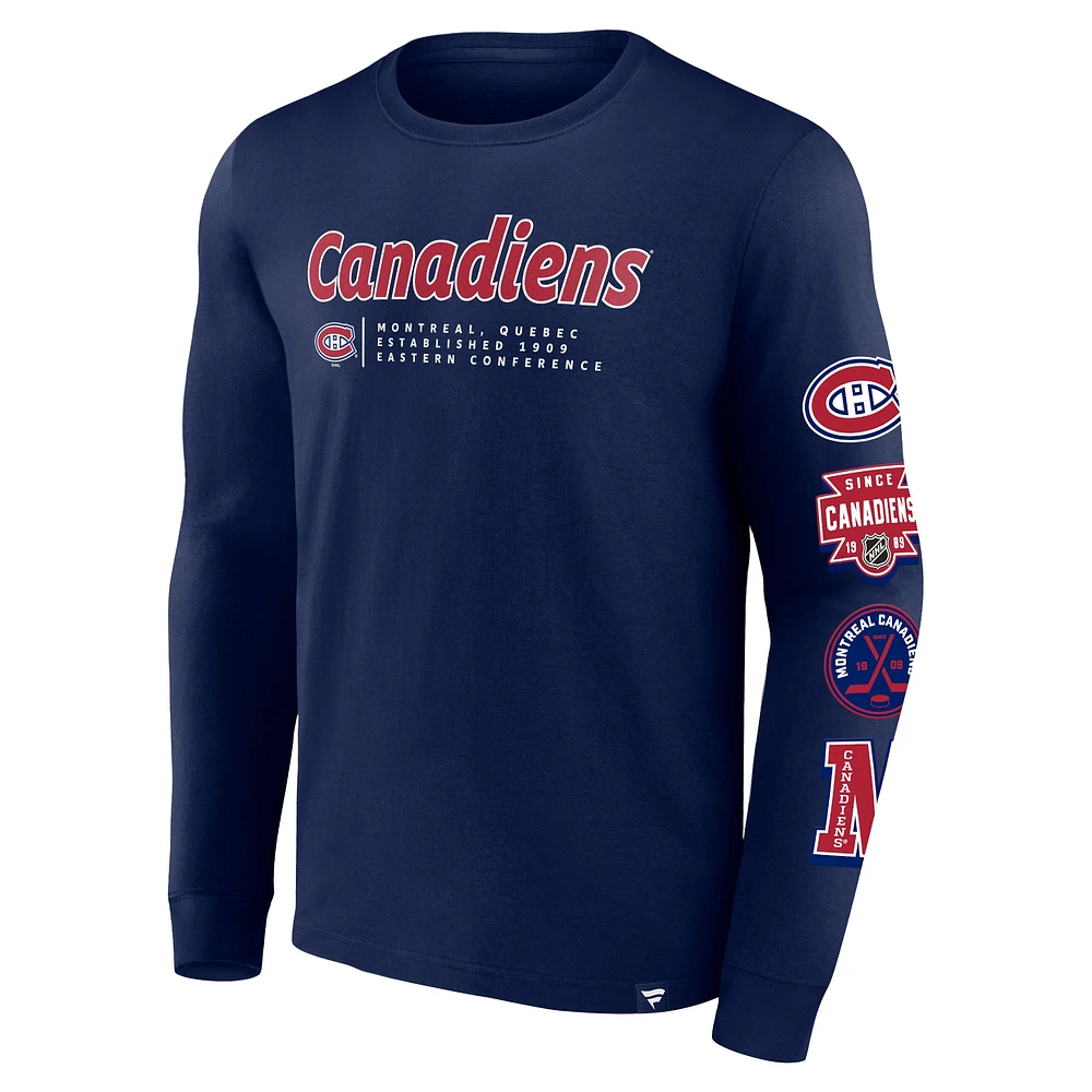 Men's Fanatics Navy Montreal Canadiens Strike the Goal Long Sleeve T-Shirt