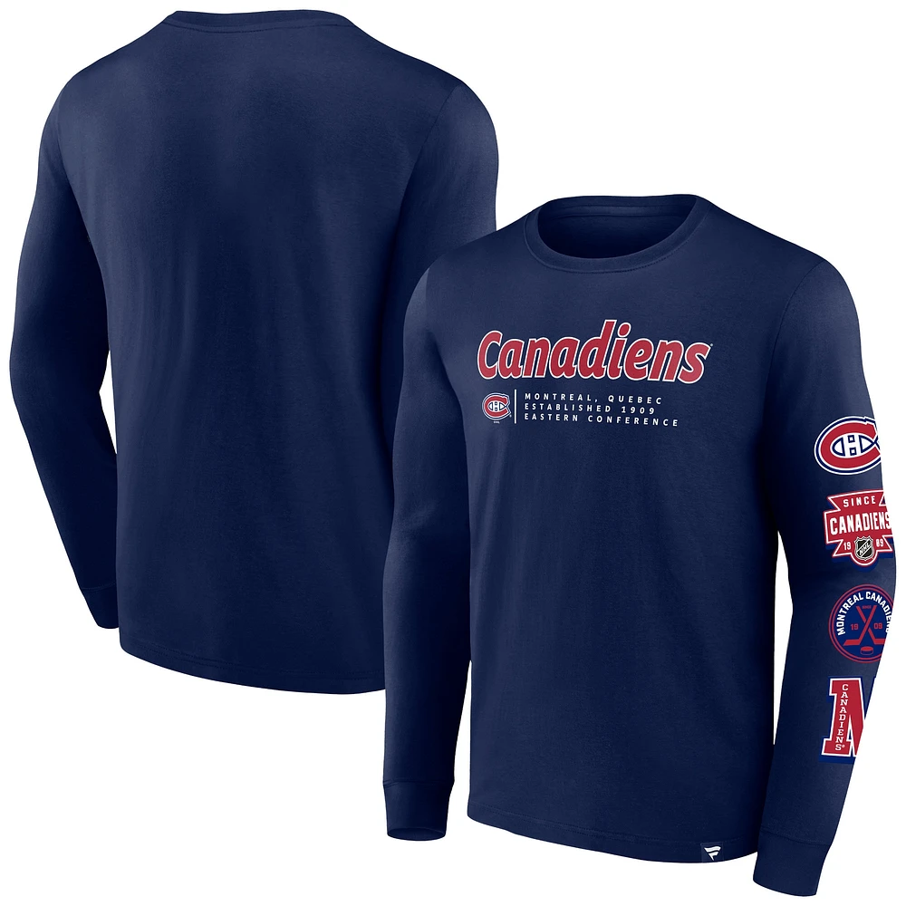 Men's Fanatics Navy Montreal Canadiens Strike the Goal Long Sleeve T-Shirt