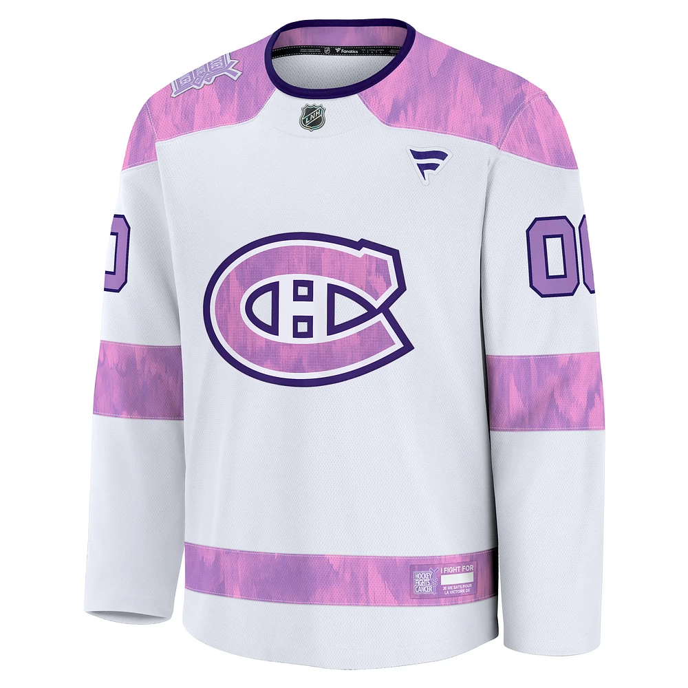 Maillot d'entraînement personnalisé pour hommes Fanatics White Montreal Canadiens 2024 Hockey Fights Cancer