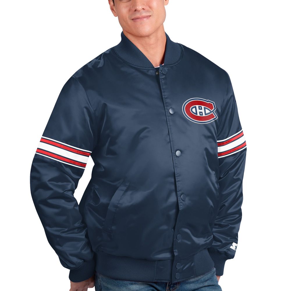 Men's Starter Navy Montreal Canadiens Pick & Roll Satin - Full-Snap Varsity Jacket