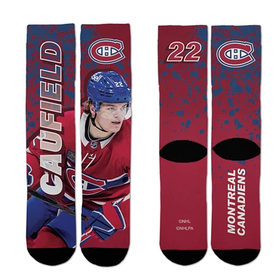 Chaussettes unisexes pour pieds nus Cole Caufield bleues des Canadiens de Montréal Road Warrior Crew