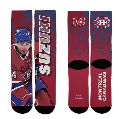 Chaussettes unisexes pour pieds nus Nick Suzuki bleues des Canadiens de Montréal Road Warrior Crew