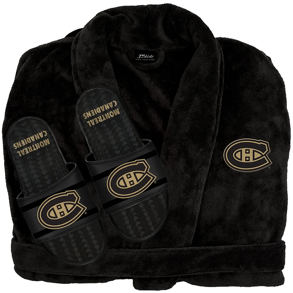 Unisex ISlide Black Montreal Canadiens Phantom Hoodie Robe & Mantra Slide Sandals Bundle