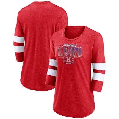 Montreal Canadiens Fanatics Branded Women's Full Shield 3/4-Sleeve Tri-Blend Raglan Scoop Neck T-Shirt - Heathered Red/White