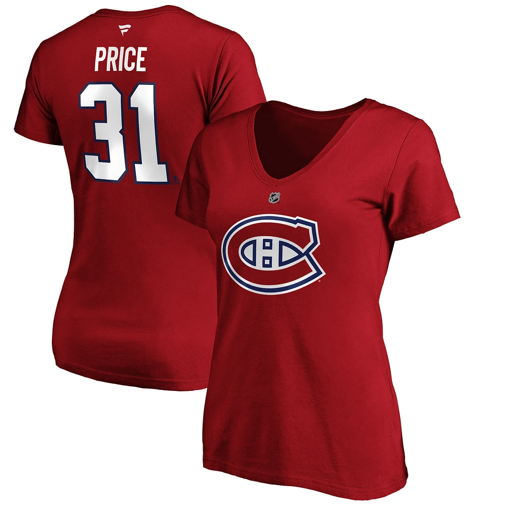 T-shirt à col en V Fanatics Carey Price pour femmes, rouge, Canadiens de Montréal, authentique pile nom et numéro