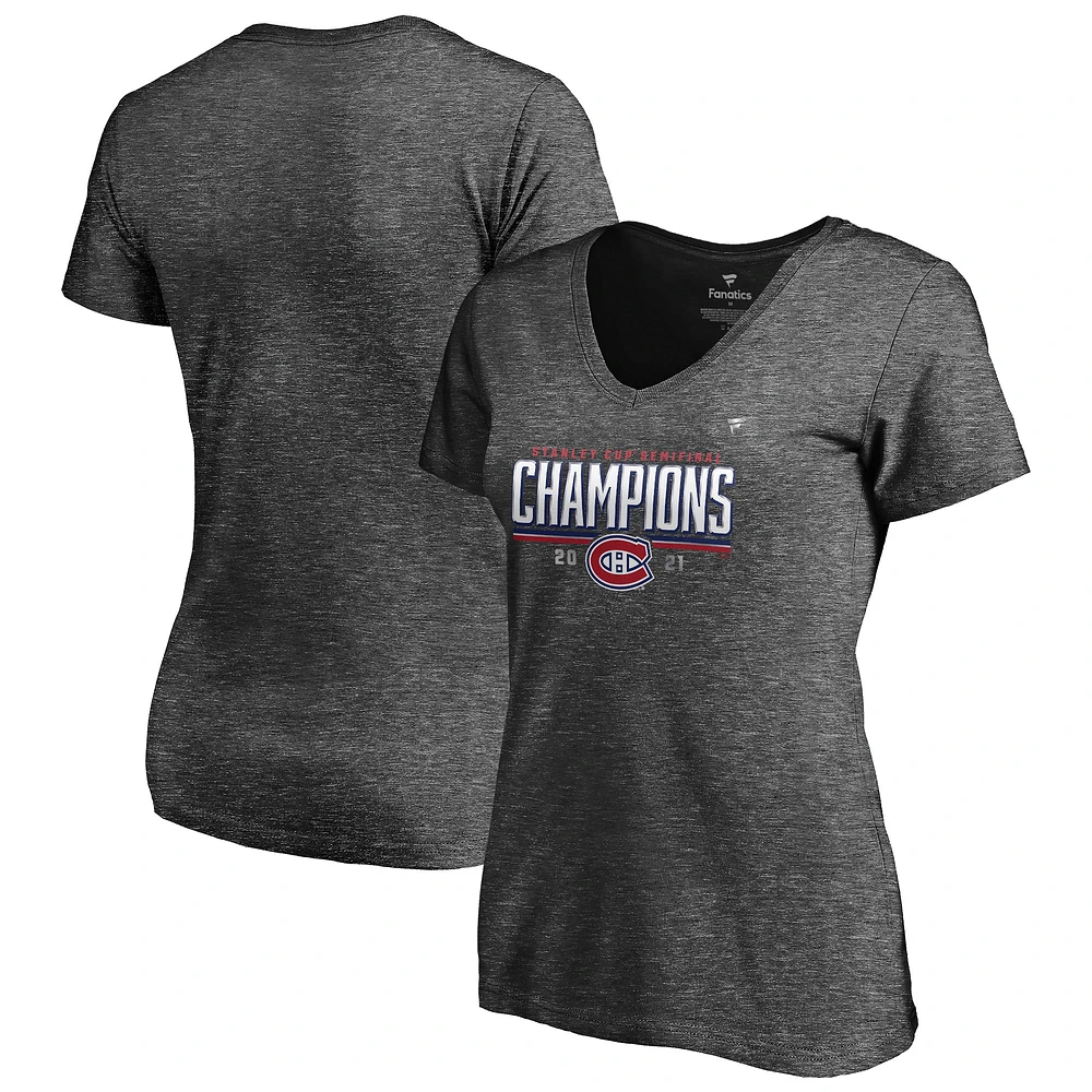 Women's Fanatics Heathered Charcoal Montreal Canadiens 2021 Stanley Cup Semifinal Champions Plus Locker Room V-Neck T-Shirt