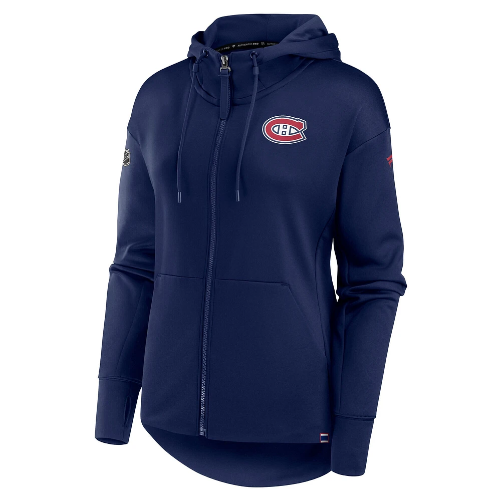 Sweat à capuche entièrement zippé et col Scuba Authentic Pro de la collection Fanatics pour femme des Canadiens Montréal bleu marine