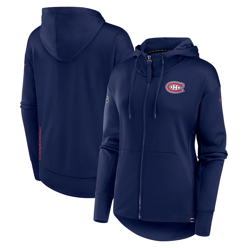 Sweat à capuche entièrement zippé et col Scuba Authentic Pro de la collection Fanatics pour femme des Canadiens Montréal bleu marine