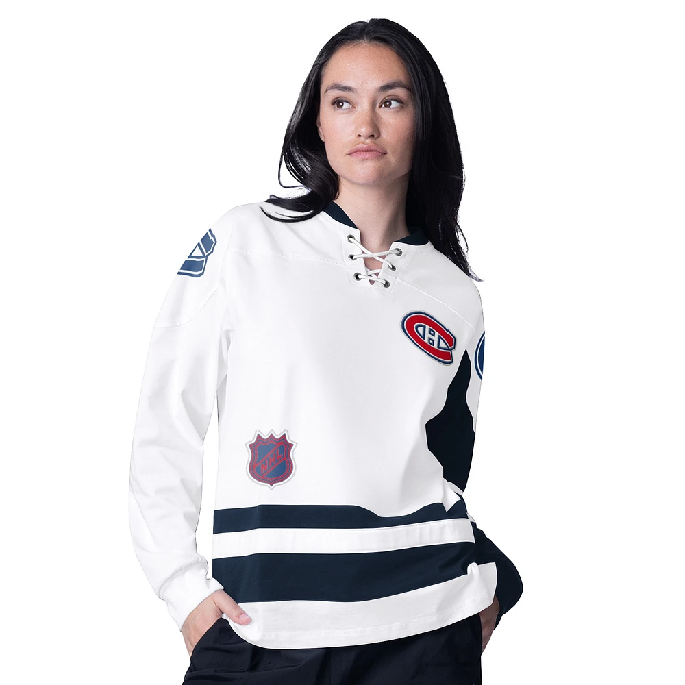 T-shirt à lacets manches longues pour femme, blanc, avec le logo Hat Trick des Canadiens de Montréal