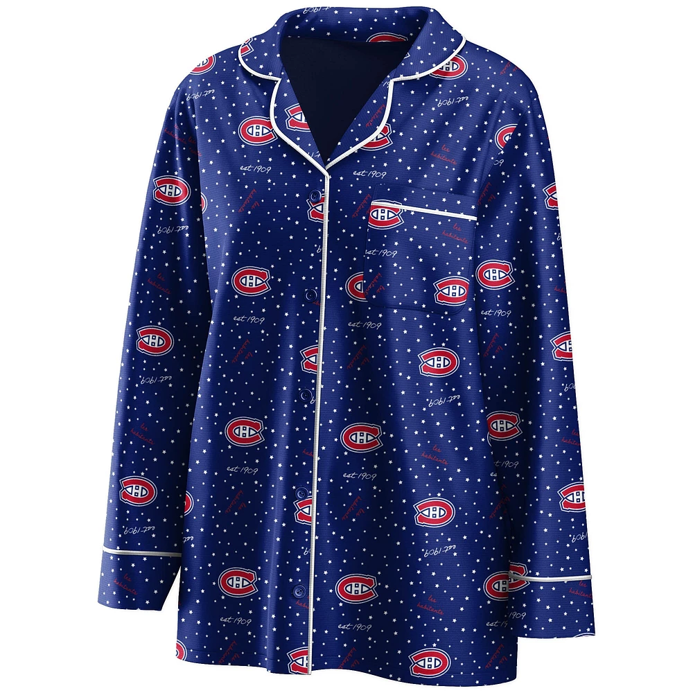 Women's WEAR by Erin Andrews Royal Montreal Canadiens Long Sleeve Button-Up Shirt & Pants - Sleep Set