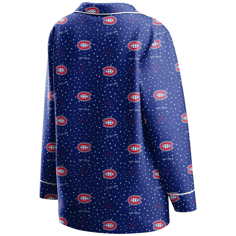 Women's WEAR by Erin Andrews Royal Montreal Canadiens Long Sleeve Button-Up Shirt & Pants - Sleep Set
