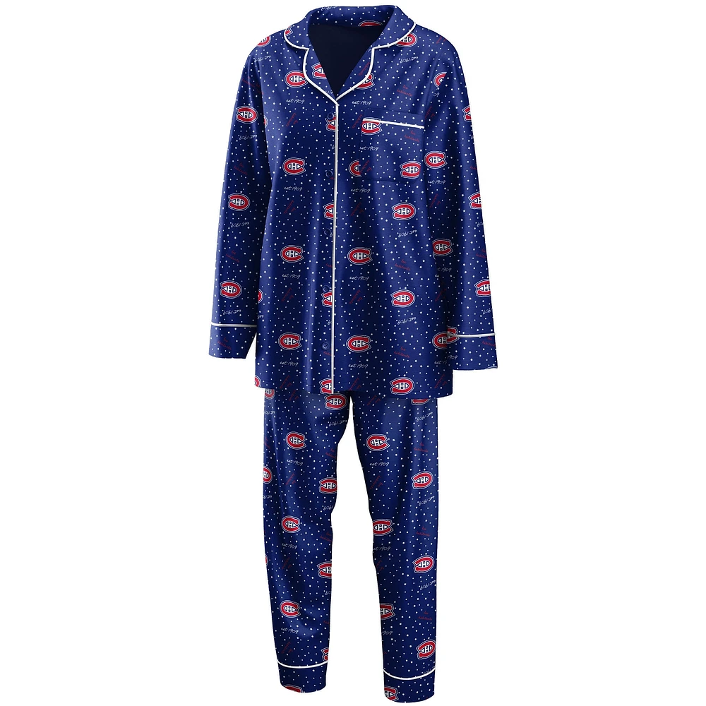 Women's WEAR by Erin Andrews Royal Montreal Canadiens Long Sleeve Button-Up Shirt & Pants - Sleep Set