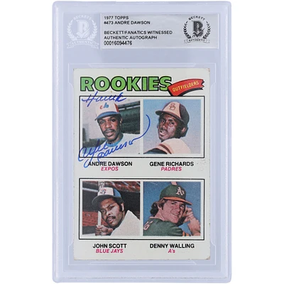 Carte de recrue authentifiée autographiée par les Expos de Montréal Andre Dawson 1977 Topps Series 2 #473 Beckett Fanatics Witnessed avec l'inscription "Hawk"