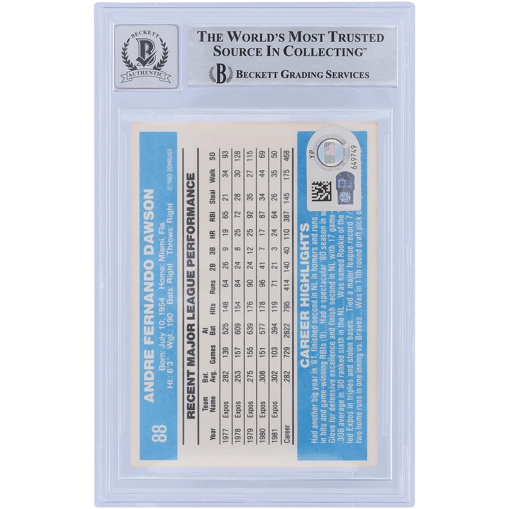 Andre Dawson Montreal Expos Autographed 1982 Donruss Series 1 #88 Beckett Fanatics Witnessed Authenticated 10 Card with "Hawk" Inscription