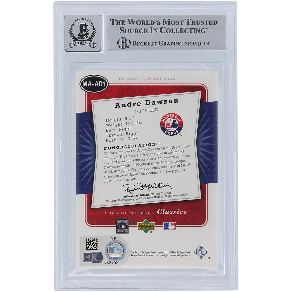Andre Dawson Montreal Expos Autographed 2005 Upper Deck Classics Classic Materials Relic #MA-AD1 Beckett Fanatics Witnessed Authenticated 10 Card 