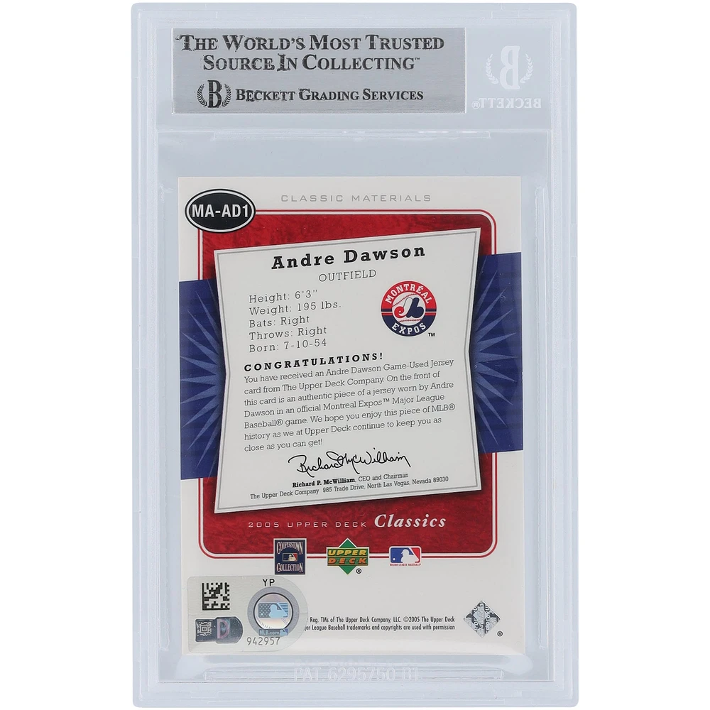 Andre Dawson Montreal Expos Autographed 2005 Upper Deck Classics Classic Materials Relic #MA-AD1 Beckett Fanatics Witnessed Authenticated Card