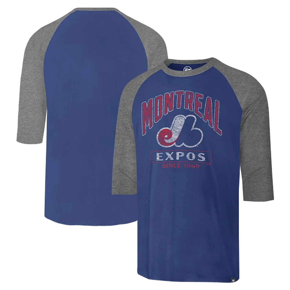 Men's '47 Blue/Gray Montreal Expos Cooperstown Collection Franklin Raglan 3/4-Sleeve T-Shirt