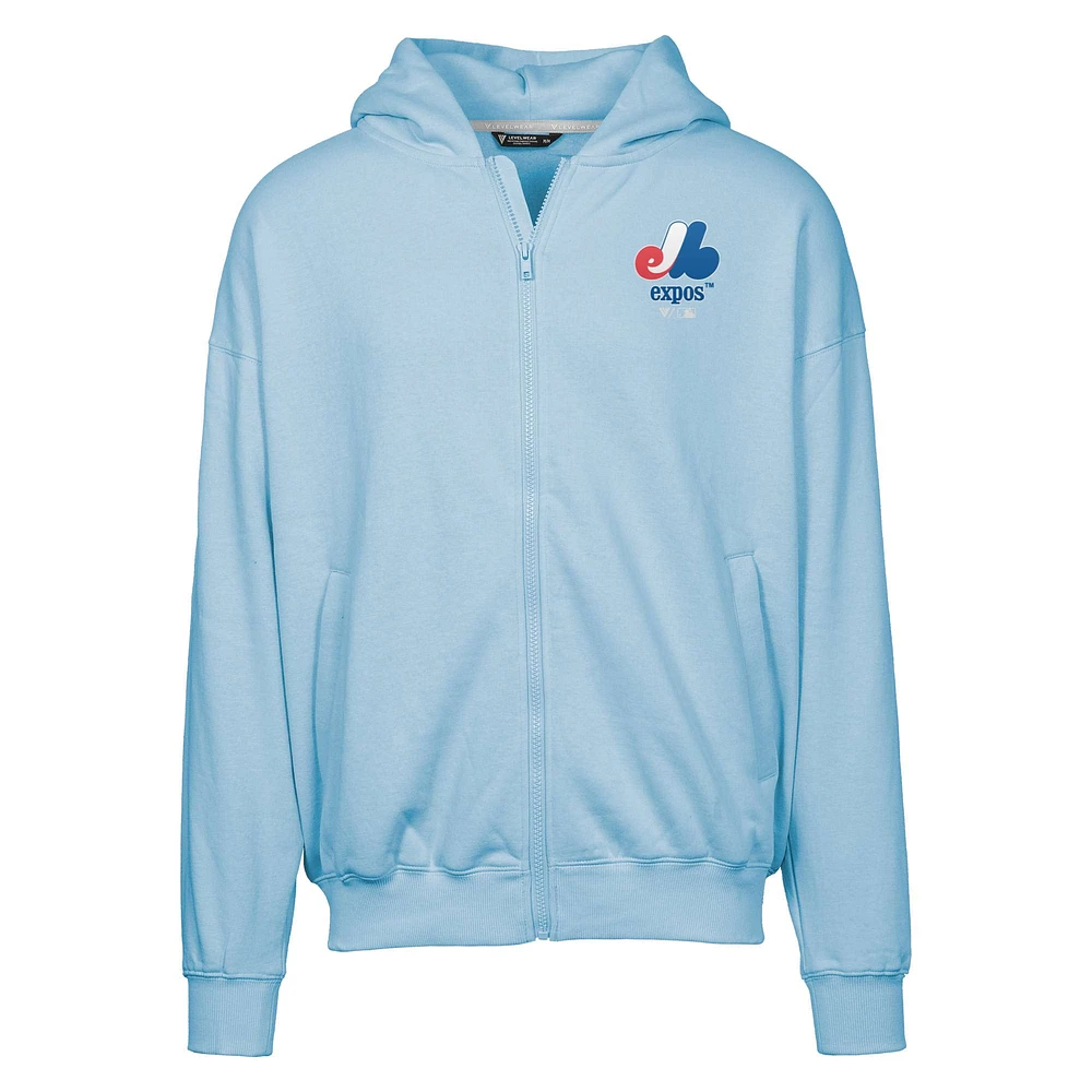 Sweat à capuche entièrement zippé bleu clair pour homme de la collection Cooperstown des Expos Montréal Uphill City Core Logo