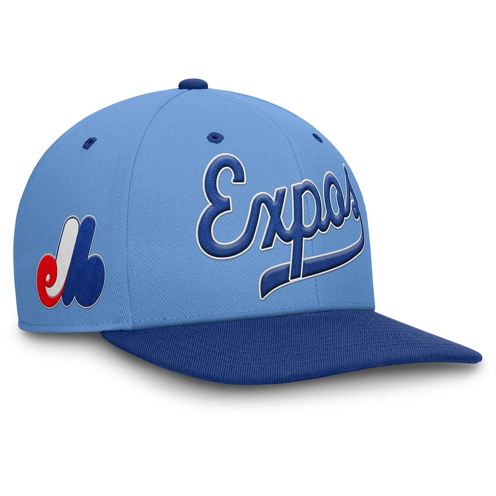 Casquette Nike Pro Performance Snapback bleu poudre/bleu royal pour homme des Expos de Montréal de la collection Cooperstown