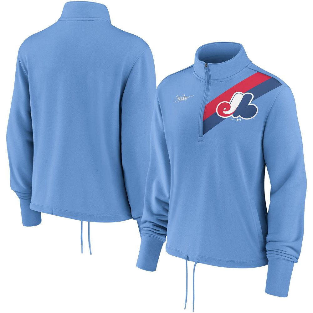 Women's Nike Powder Blue Montreal Expos Cooperstown Collection Rewind Stripe Fleece Half-Zip - Jacket