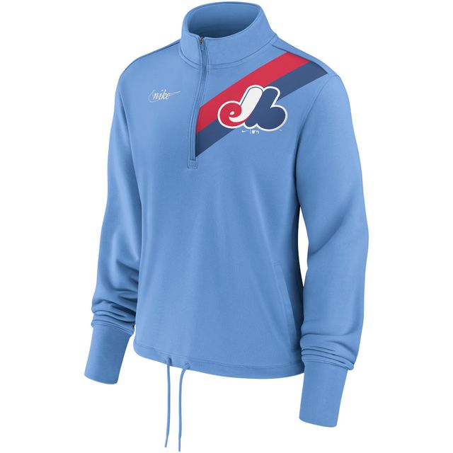 Veste demi-zippée en molleton à rayures rewind de la collection Cooperstown des Expos Montréal Nike pour femmes bleu poudre